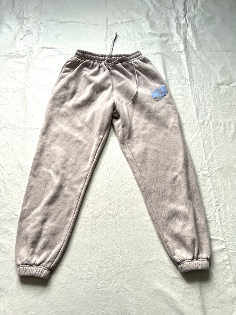 White Fox sweat pants womens small beige taupe light blue logo elastic ankles